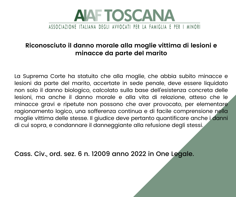 Riconosciuto il danno morale alla moglie vittima di lesioni e minacce da parte del marito